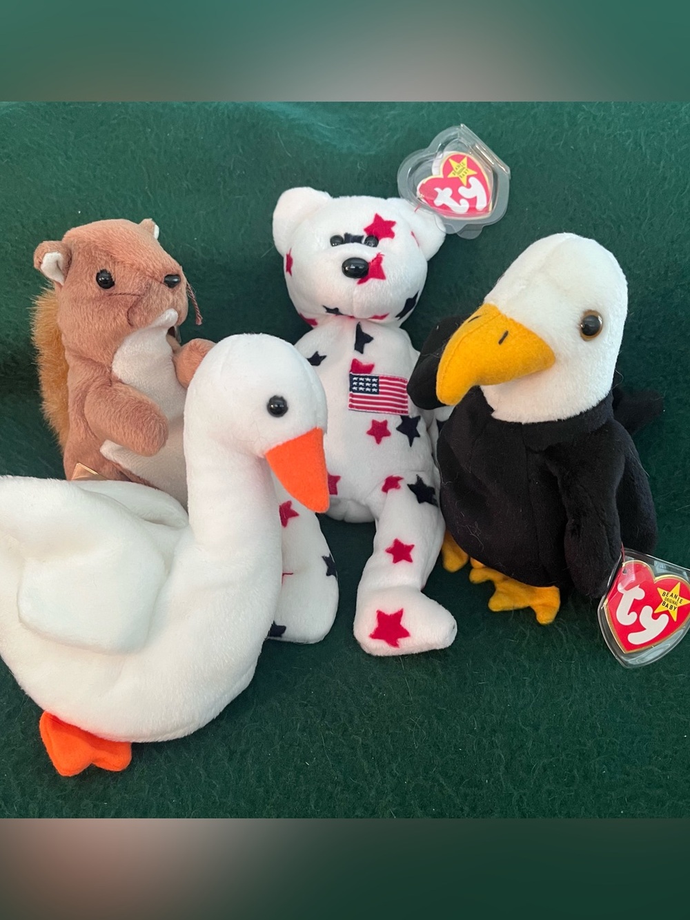 NWT 1996 Lot of 4 Beanie Babies Squirrel Bear Eagle Swan